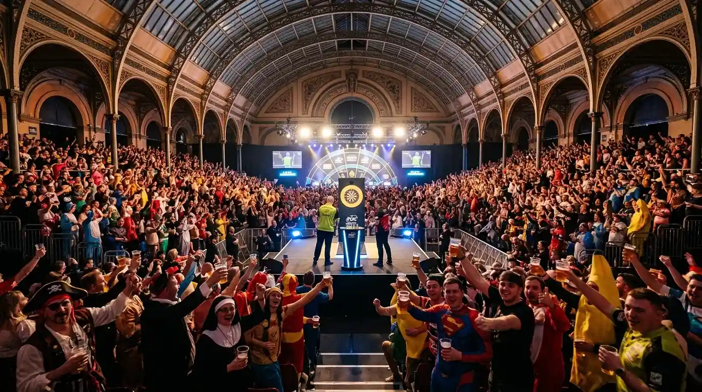 Volle Tribünen im Alexandra Palace in London während der PDC World Darts Championship mit Bühnenlicht auf der Spielfläche