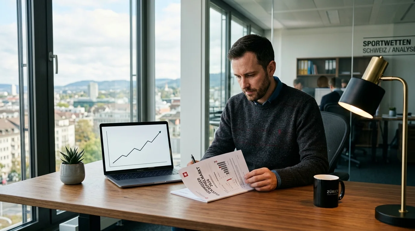 Analyst betrachtet einen Marktbericht zum Schweizer Glücksspielmarkt 2024 auf einem Laptopbildschirm in einem Büro in Zürich